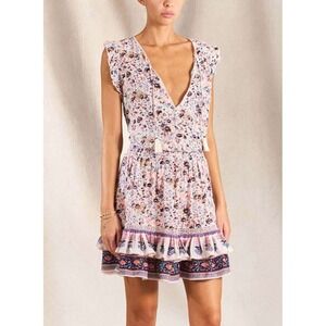 M.A.B.E Kristi Sundress Floral Cotton Smocked Mini Dress Pink Tassel Womens XS